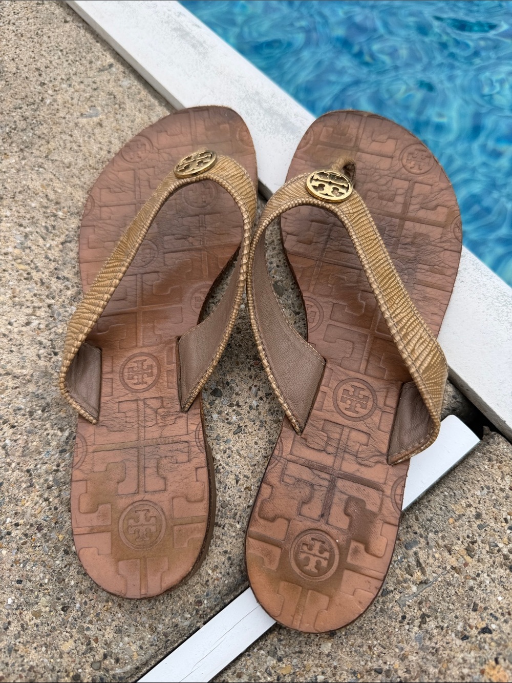 Tory Burch Brown and Gold Logo Thong Sandals
